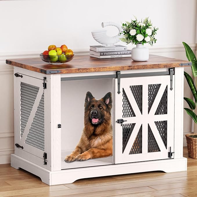 VOPEAK 43.3" XL Dog Crate Furniture, Chew Resistant Dog Crate for Medium Large Dogs, Heavy Duty Extra Large Dog Crate Dog Kennel Indoor with Double Doors, Wooden End Table for Living Room, White