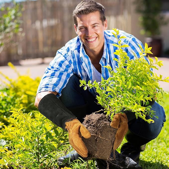 HANDLANDY Leather Gardening Gloves for Men & Women, Rose Pruning Thorn Proof Garden Glove, Long Sleeve Gauntlet Gloves (Black-brown, Large (Pack of 1))