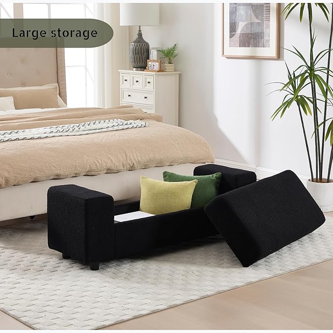 Teddy Storage Ottoman Bench,55 Inch Upholstered Boucle Comfy Sherpa End of Bed Bench with Large Storage for Bedroom/Living Room/Entryway/Closet(Black)