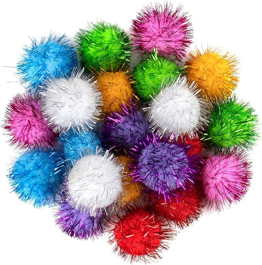 AUEAR, 20 Pack Sparkle Balls 1.5 Inches Tinsel Poms for Cats Pets Assorted Colors