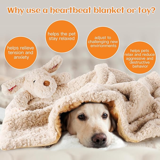 Heartbeat Toy Puppy Heartbeat Blanket for Dog Anxiety Relief, Heartbeat Stuffed Animal for Puppy Calming Aid Behavioral Aid, Comfort Cuddle Toy for Dogs Cats Pets…