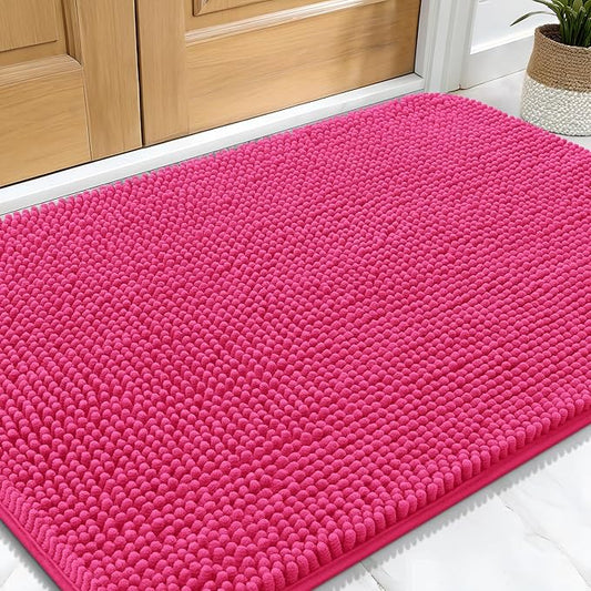 OLANLY Dog Door Mat for Muddy Paws 34x21, Absorbs Moisture and Dirt, Absorbent Non-Slip Washable Doormat, Quick Dry Chenille Mud Mat for Dogs, Entry Indoor Entryway Carpet for Inside Floor, Hot Pink