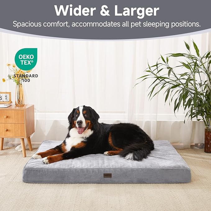 OhGeni Orthopedic Waterproof & Machine Washable Dog Bed for Extra Large Pets, Wider & Larger Size, Cat Mat with 25D Egg Crate Foam, Removable Cover & Invisible Zipper, 54 Inches(Gray)