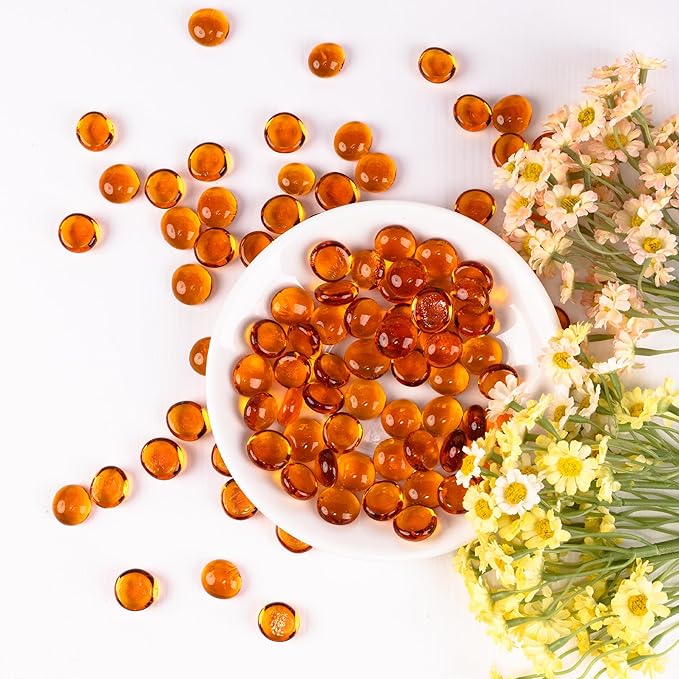 1LB Glass Marbles, Transparent and Smooth Flat Glass Beads for Vases, Mosaic Gem Pebbles for Aquarium Decor, Floral Arrangements, Mancala Stones, Vase Filler and Crafts, Orange