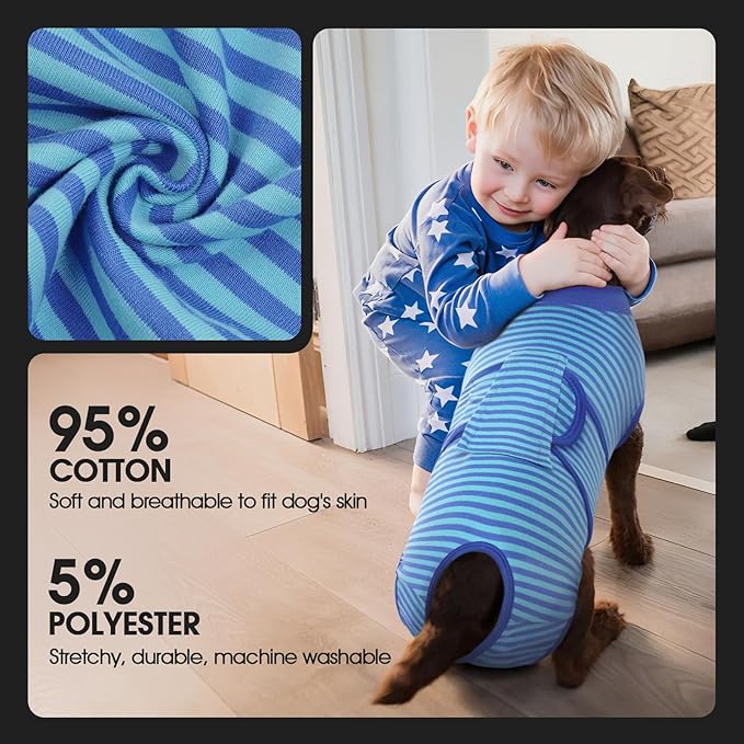 FUAMEY Recovery Suit for Dogs After Surgery,Soft Breathable Dog Bodysuit E-Collar & Cone Alternative Surgical Suit,Male Female Dog Neuter Spay Suits Anti Licking Wounds Onesie Navy Blue Strips XS