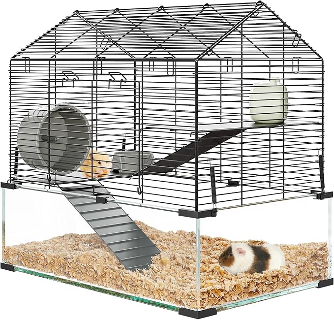 Large Hamster Cage with 7" Deep Tempered Glass Bottom, 3 Tiers Big Hamster Tank with Running Wheel, Hut, Water Bottle, Dish, Rat Cages for Syrian, Dwarf, Gerbils, Mouse, 22.83" x 15" x 21.25"