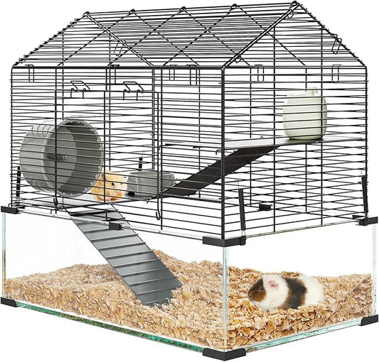 Large Hamster Cage with 7" Deep Tempered Glass Bottom, 3 Tiers Big Hamster Tank with Running Wheel, Hut, Water Bottle, Dish, Rat Cages for Syrian, Dwarf, Gerbils, Mouse, 22.83" x 15" x 21.25"