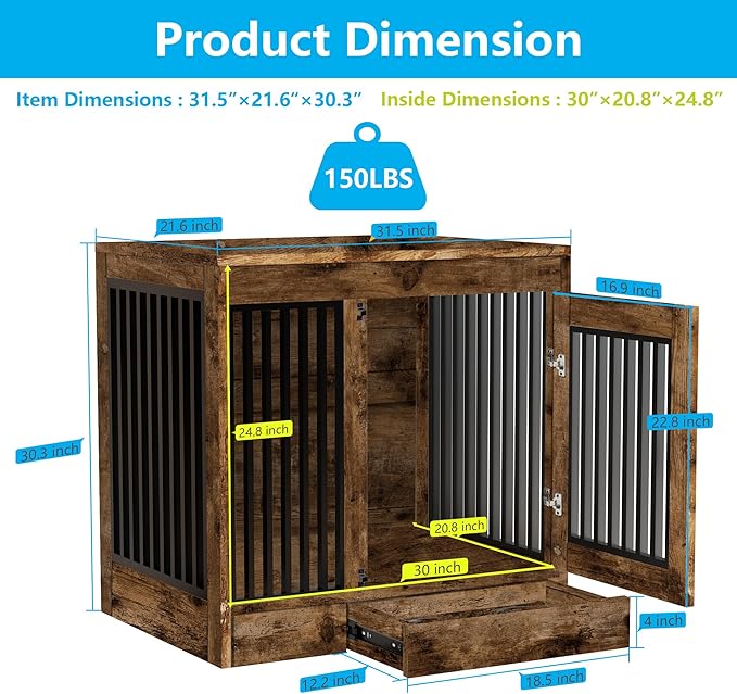 Rustic Brown Heavy Duty Furniture Dog Crate, Wood and Metal Kennel Cage, Pet House End Table with Drawer and Pull-Out Design, Dog Home for Indoor use, Medium Size