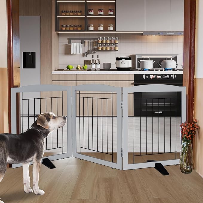ZJSF Freestanding Dog Fence Indoor, Foldable Dog Gate for Doorways, Stairs or Hallways, Sturdy Wood Extra Wide Pet Gate with Support Feet for The House, Grey, 24 "Height-3 Panels