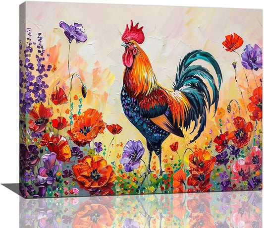 Rooster Wall Art Flower Poppy Canvas Living Room Pictures Framed Prints Colorful Floral Large Wall Decor Animal Painting Artwork for Bedroom Dining Home 20"x16"
