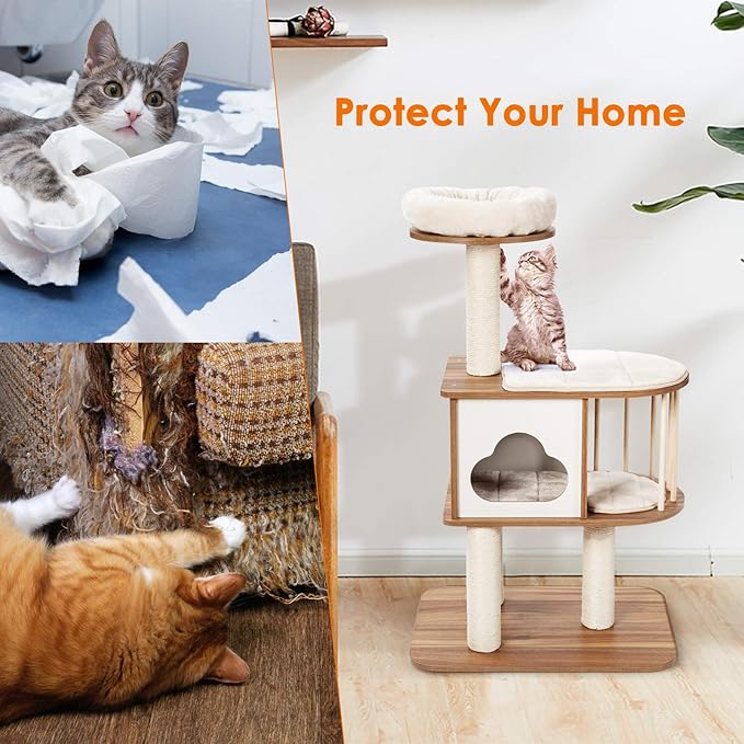 Tangkula Modern Wood Cat Tree, 46 Inches Cat Tower with Platform, Cat Activity Center with Scratching Posts and Washable Cushions, Wooden Cat Condo Furniture for Kittens and Cats (Natural)