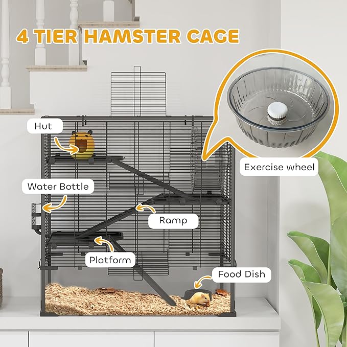 PawHut Large Hamster Cage with Deep Tempered Glass Bottom, 4 Tiers Hamster Tank with Running Wheel, Hut, Water Bottle, Dish, Rat Cage for Syrian, Dwarf, Gerbils, Mouse, 31" x 19" x 31.5", Black
