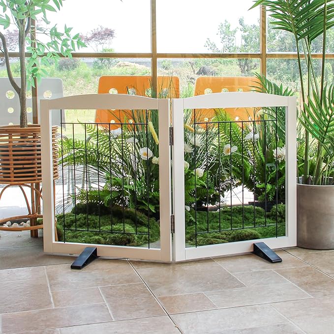 ZJSF Freestanding Dog Fence Indoor, Foldable Dog Gate for Doorways, Stairs or Hallways, Sturdy Wood Extra Wide Pet Gate with Support Feet for The House, White, 24 "Height-2 Panels