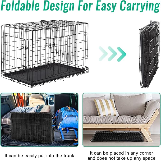 FDW Dog Crate for Large Dogs 42 Inch Folding Metal WirePet Cage Double Door W/Divider Panel Indoor Outdoor Kennel Leak-Proof Plastic Tray,Black