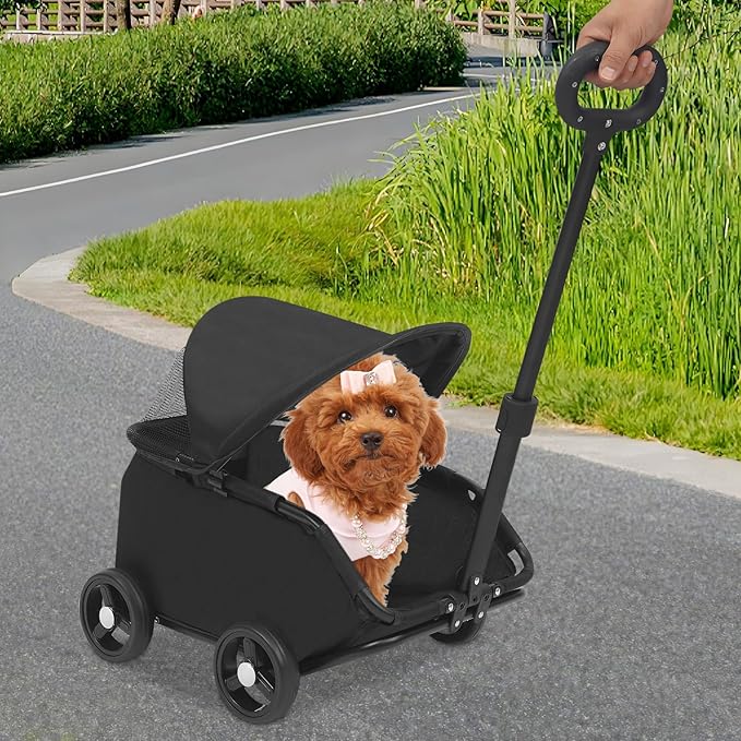 Small Dog Stroller, Pe4-Wheel Portable Dog & Cat Stroller with Semi-Open Design, Foldable Pet Cart with Canopy for Small Dogs or Cats Weighing Less Than 15.43 Pounds (Black)