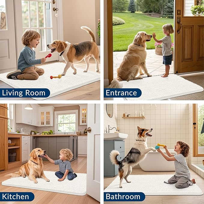 Smiry Dog Door Mat for Muddy Paws 24x16, Absorbs Moisture and Dirt Doormat, Non-Slip Washable Quick Dry Chenille Front Door Mat Indoor Entrance, Entryway Carpet for Inside Floor, Ivory