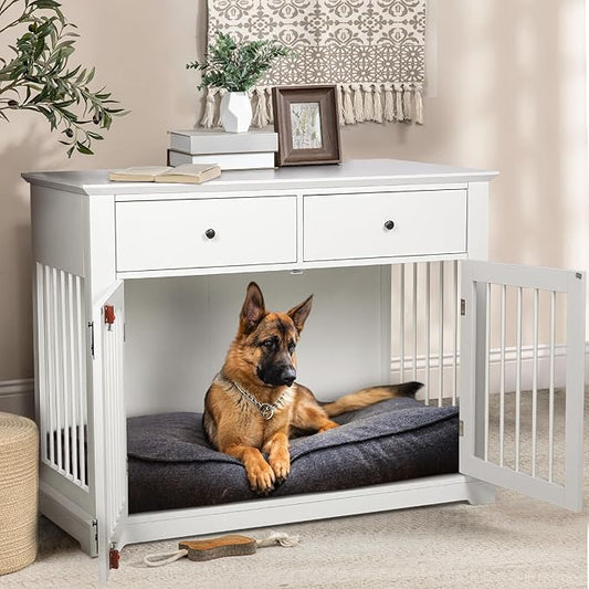 LEMBERI 44 Inch Large Dog Crate Furniture, Wooden Dog Kennel End Table with Storage Drawers, Decorative Pet Cage Dog House Indoor for Dogs