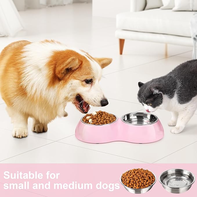 Stainless Steel Dog Bowls Set – Dual Non-Slip Pet Dishes with 2 Small (4oz*2) Bowls & Durable Resin Stand,Food & Water Feeder for Puppies, Kittens, and Small Breed Dogs– Pink