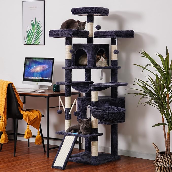 Hey-brother Cat Tree, 71 inches XL Large Cat Tower for Indoor Cats, Multi-Level Cat House with 3 Padded Perches, Big Scratcher, Cozy Basket, 2 Cat Condos and Scratching Posts, Smoky Gray MPJ034G
