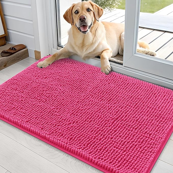 OLANLY Dog Door Mat for Muddy Paws 36x24, Absorbs Moisture and Dirt, Absorbent Non-Slip Washable Doormat, Quick Dry Chenille Mud Mat for Dogs, Entry Indoor Entryway Carpet for Inside Floor, Hot Pink