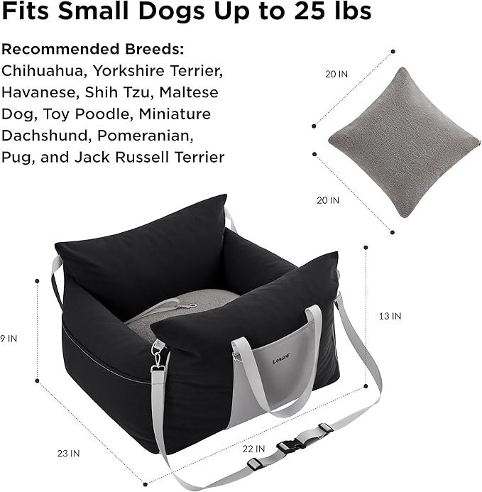 Lesure Small Dog Car Seat for Small Dogs - Waterproof Dog Booster Car Seat with Storage Pockets, Clip-On Safety Leash and Thickened Memory Foam Filling, Pet Carseat Puppy Travel Carrier Bed, Black