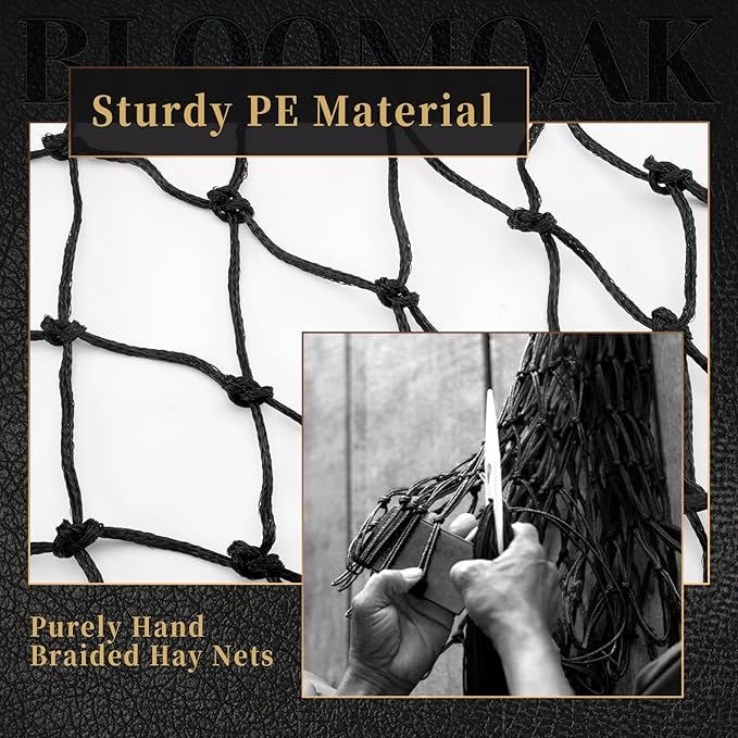 Bloomoak Slow Hay Net Feeder for Horses, Durable Soft Black PE 2String Hay Bales Bags with 2" Hole, Fit 36 * 18 * 18" Square Bale Easily…