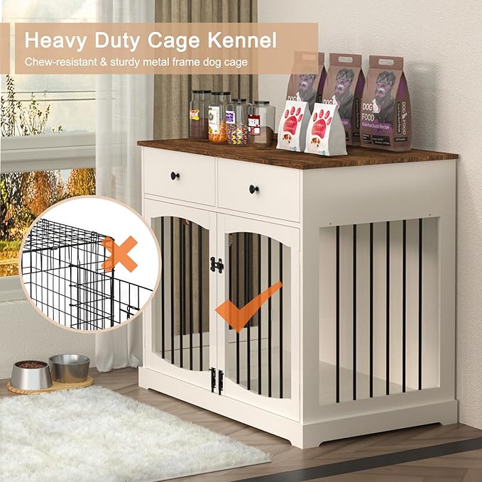 BREEZEHEAT 40 inch Dog Crate Furniture-Farmhouse Dog Kennel with Drawers-End Table Wooden Pet Crate, Double Door Design, Decorative Dog House Indoor for Small Medium Large Dog, White