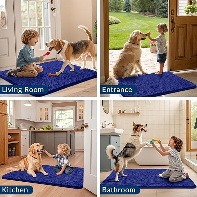 Smiry Dog Door Mat for Muddy Paws 71x46, Absorbs Moisture and Dirt Doormat, Non-Slip Washable Quick Dry Chenille Front Door Mat Indoor Entrance, Entryway Carpet for Inside Floor, Navy Blue