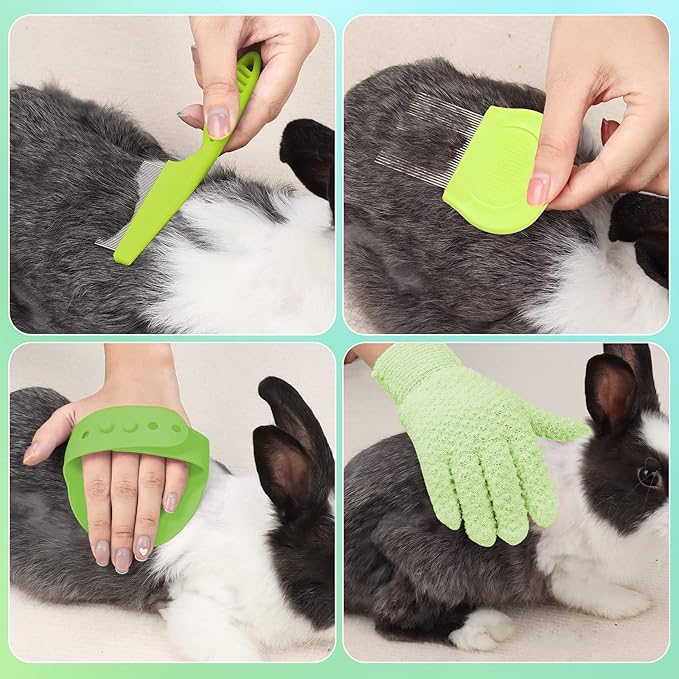 VCZONE 8 Pcs Small Animal Grooming Kit, Pink with Pet Nail Clipper and File, Flea Comb, Pet Shampoo Bath Brush, Pet Shedding Slicker Brush, Bath Massage Glove, Cleaning Comb (Green)