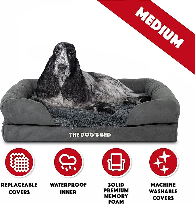 The Dog’s Bed, Medium Grey Faux Fur 30x23.5, Memory Foam, Pain Relief: Arthritis, Hip & Elbow Dysplasia, Post Surgery, Lameness, Supportive, Calming, Washable Cover, Veterinary Approved