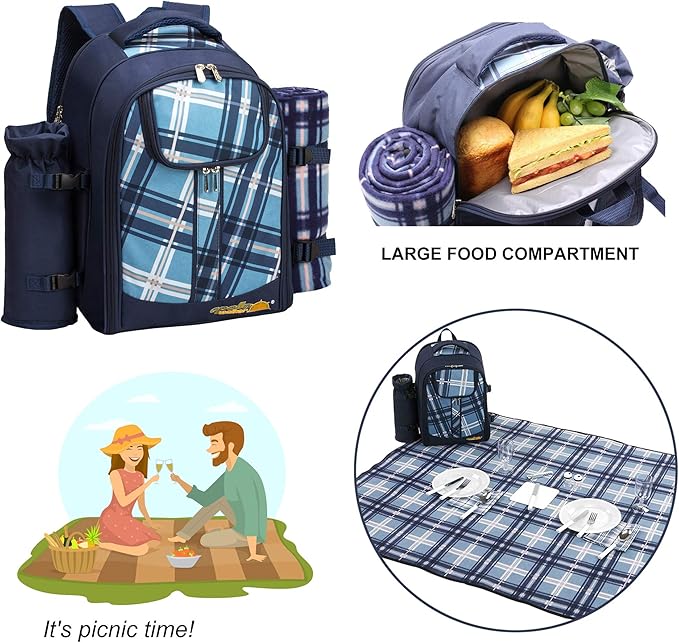 Apollo Walker Picnic Backpack Bag for 2 Person with Cooler Compartment, Detachable Bottle/Wine Holder, Fleece Blanket, Plates and Cutlery (Blue)