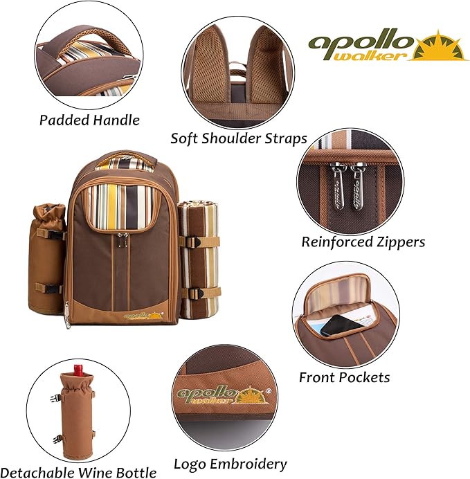 apollo walker Picnic Backpack Bag for 2 Person with Cooler Compartment, Detachable Bottle/Wine Holder, Fleece Blanket, Plates and Cutlery(2 Person, Brown)