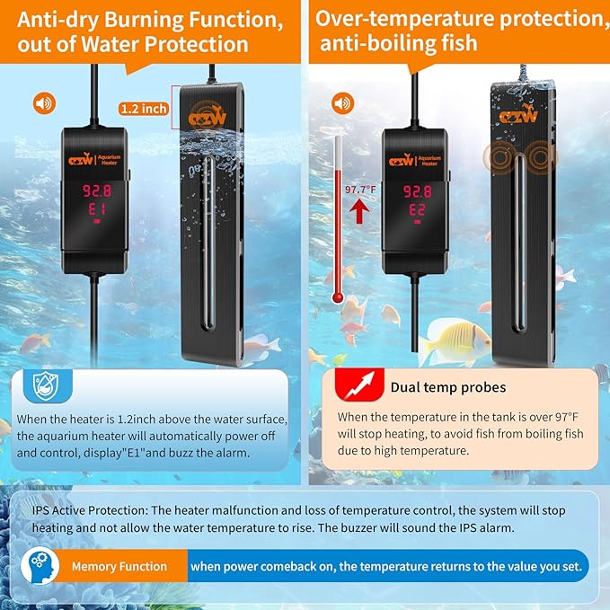 azw Aquarium Heater 300W/500W/800W, Fish Tank Heater with Digital LED Controller, Frequency Conversion Energy Saving, IPS Anti-Boiling Fish, Multiple Intelligent Protection for Freshwater/Saltwater