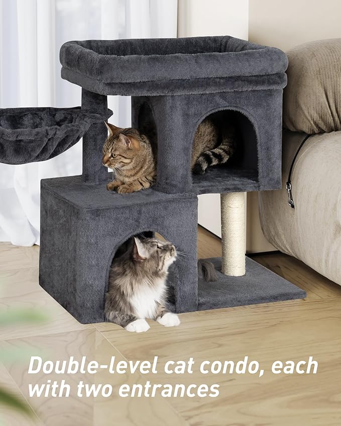 Cat Tree with Large Top Perch, 21.6in Cat Tower with Big Hammock and Dual Condos, All-in-one Cat Activity Center