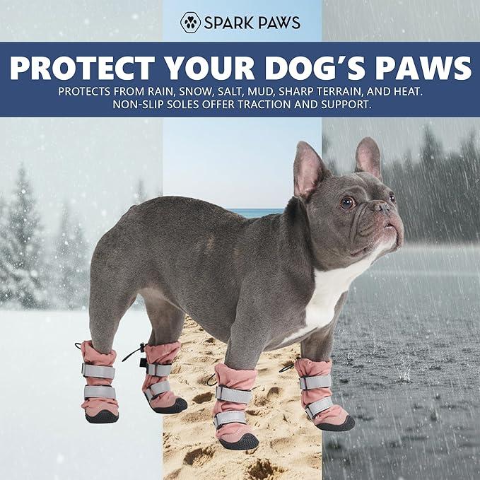 Spark Paws Dog Shoes, Waterproof Dog Boots for Medium to Large Dogs, Non Slip, Breathable Dog Booties and Paw Protectors - 4PCS Doggie Hiking Boots with Reflective Straps - Pink - Size 4