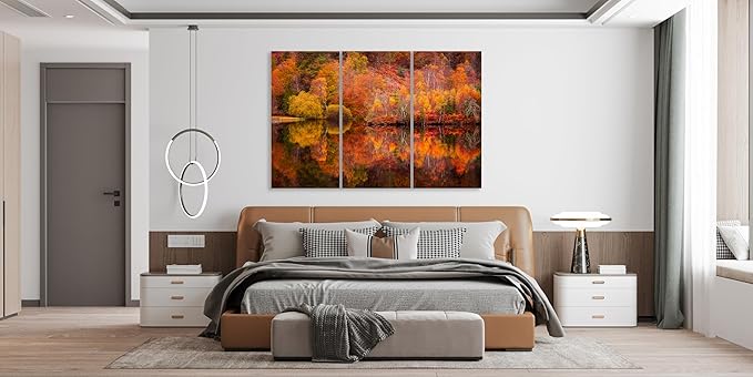 Nature Wall Art Prints - Ocean Forest Mountain Lake Canvas Landscapes - Small to Extra Large Living Room Bedroom Kitchen Bathroom Décor (Autumn Forest with Lake, 47L" x 71W" - 3 panels)