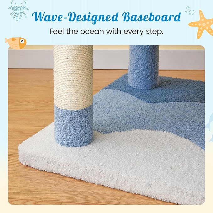 MWPO Ocean-Themed Cat Tree for Indoor Cats, 63.8 Inches Multi-Level Tower with Sisal-Covered Scratching Posts, Padded Platform, Hammock, Dangling Toys, Stable Condo Pet Play House, Blue