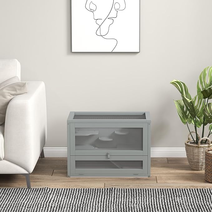 PawHut 2-Level Hamster Cage Mice and Rat House, Small Animal Habitat for Guinea Pigs, Chinchillas with Openable Top, Front Door, Shelf and Ladder, Gray