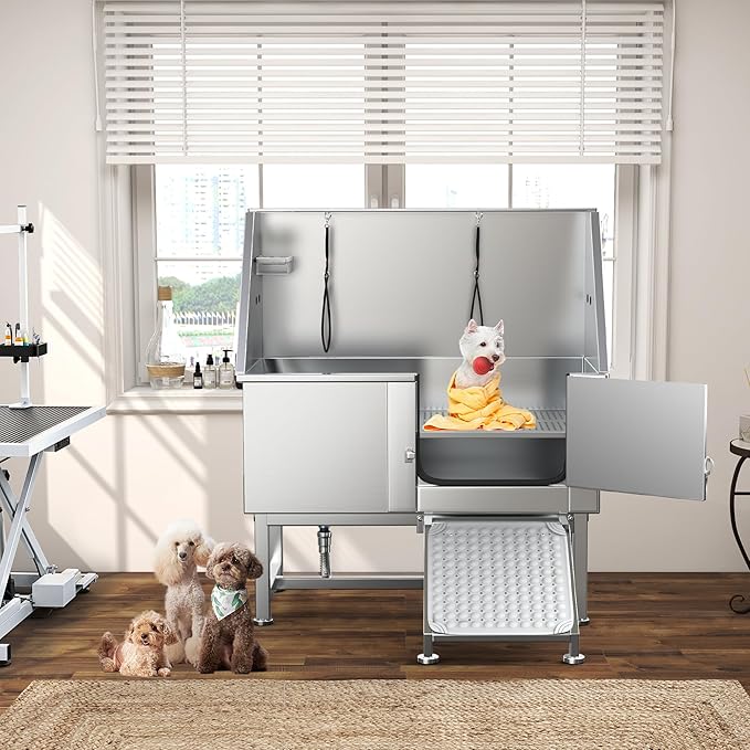 YITAHOME Dog Grooming Bathtub, Professional Stainless Steel 304 Dog Bathing Station w/Right Ramp, Faucet, Floor Grate, 50in Pet Washing Station for Large, Medium, Small Pets