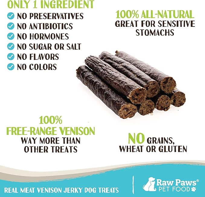 Raw Paws Wild-Caught Venison Dog Treats, 6-oz - Packed in USA - Real Meat Jerky - Single Ingredient Venison for Dogs