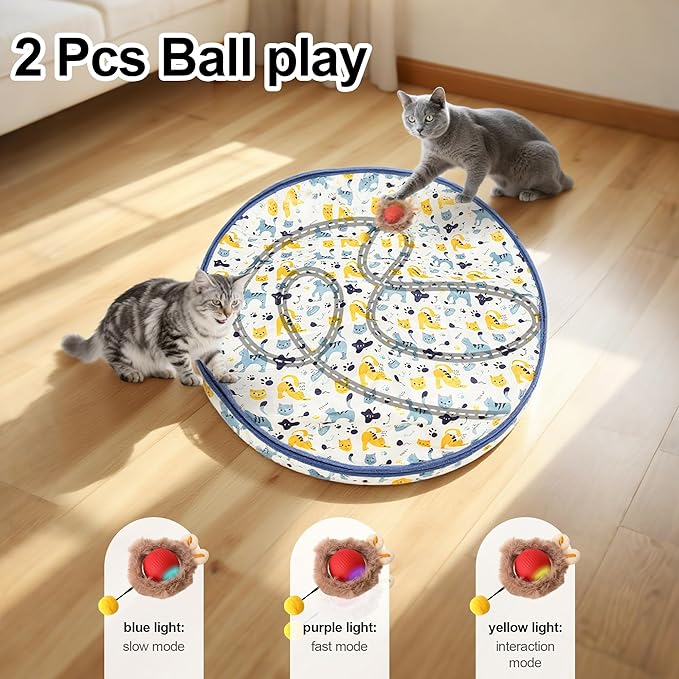 Interactive Cat Toys Ball - 2pcs Automatic Fast Rolling Ball in Play Mat, Hide and Seek Mouse Catching Game, Low-Noise Cat Enrichment Toys in Pouch for Indoor Bored Cats(Heart Pattern-Square)