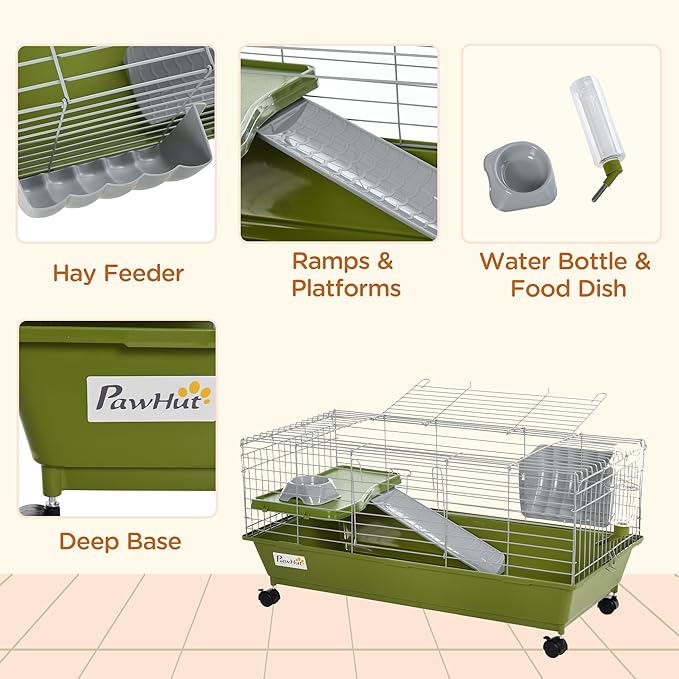 PawHut 35" L Small Animal Cage, Rolling Bunny Cage, Guinea Pig Cage with Food Dish, Water Bottle, Hay Feeder, Platform, Ramp for Chinchilla, Green