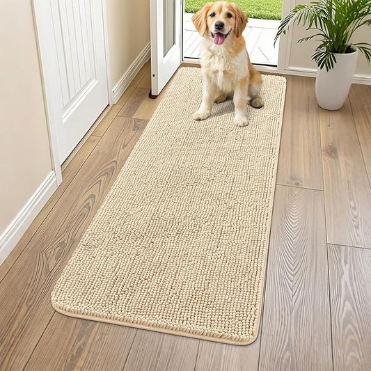Smiry Dog Door Mat for Muddy Paws 59x24, Absorbs Moisture and Dirt Doormat, Non-Slip Washable Quick Dry Chenille Front Door Mat Indoor Entrance, Entryway Carpet for Inside Floor, Beige
