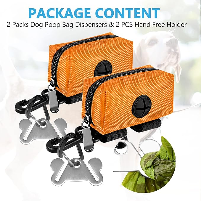Dog Waste Bag Dispenser Pet Poop Bags Holder for Doggie Waste Bags Dispensers Soft Fabric Zipper Small Doggy Puppy Pouch for Leash Accessory Attachment with Carrier,2PC Orange
