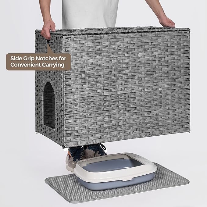 Cat Litter Box Enclosure with Litter Trapping Mat; Handwoven Plastic Rattan Cat House; No Installation Hidden Cat Washroom; Pet Crate for Balcony,Bedroom,Living Room