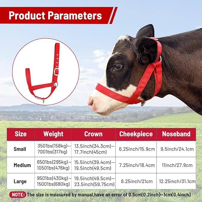 XUANNIAO Easily Adjustable Figure 8 Cow Halter, Double-Ply Premium Livestock Cattle Halters, Colorful Cow Utility Calf Halter with Leading Rope for Miniature Horse Donkey Goat Foal (Small, Red)