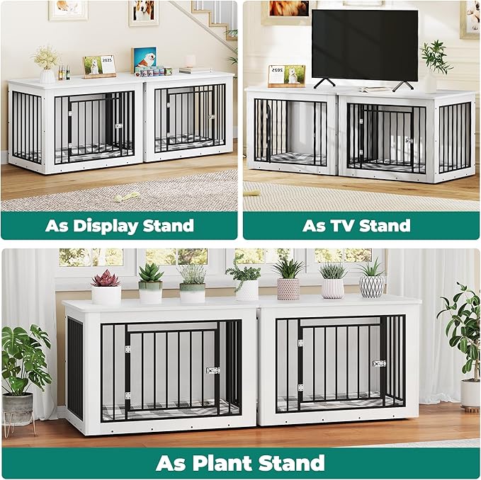 YITAHOME 76 Inch Double Dog Crate Furniture, XXL Dog Crate Furniture for 2 Dogs, Side End Table, Waterproof Top, Safety Corners, 2-in-1 Iron-Wood Fusion Dog Kennel Furniture for 2 Large Dogs,White