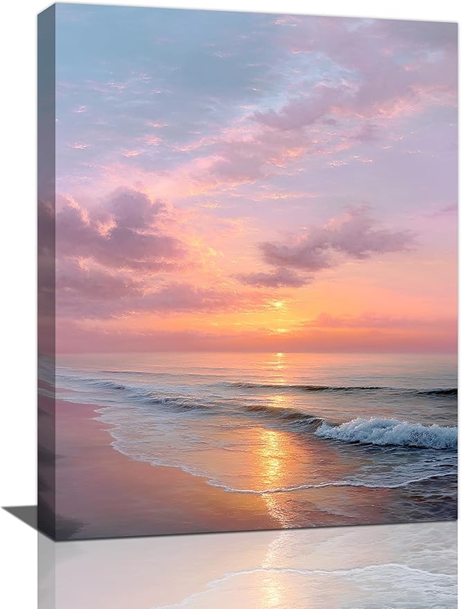 Beach Sunset Wall Art Ocean Coastal Scenery Wall Decor Seascape Picture Canvas Landscape Painting Print Framed Artwork Decorations for Living Room Office Bedroom Kitchen 16"x24"