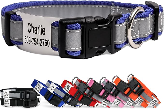 GoTags Reflective Personalized Dog Collar with Nameplate, Adjustable Dog Collar with Custom Engraved Steel Slide On Pet ID Tag, Silent, No Noise Dog Tag for Large Medium or Small (Lavender, Medium)