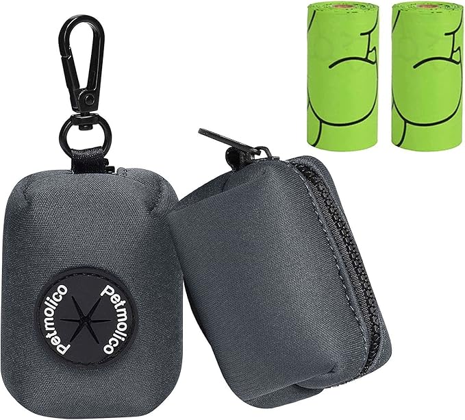 Petmolico Dog Poop Bag Holder Leash Attachment, Dog Waste Bag Dispenser Zippered Pouch, Fits Any Dog Leash, Includes Free Roll of Dog Bags, Poop Bag Dispenser - 2 Pack, Deep Gray